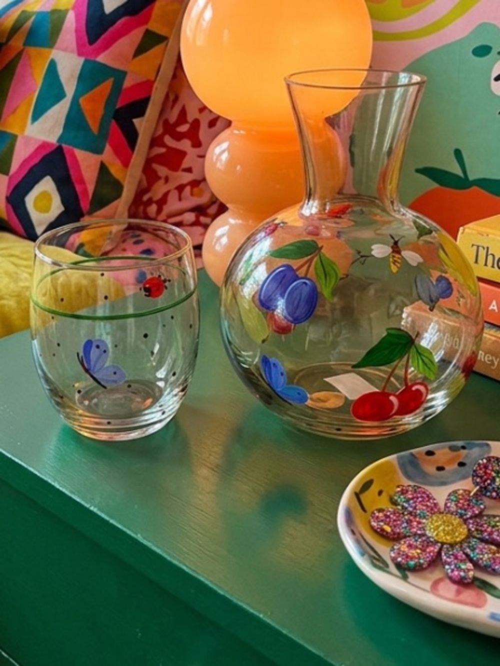 Royal Danube hand painted crystal tumble up bedside water carafe set